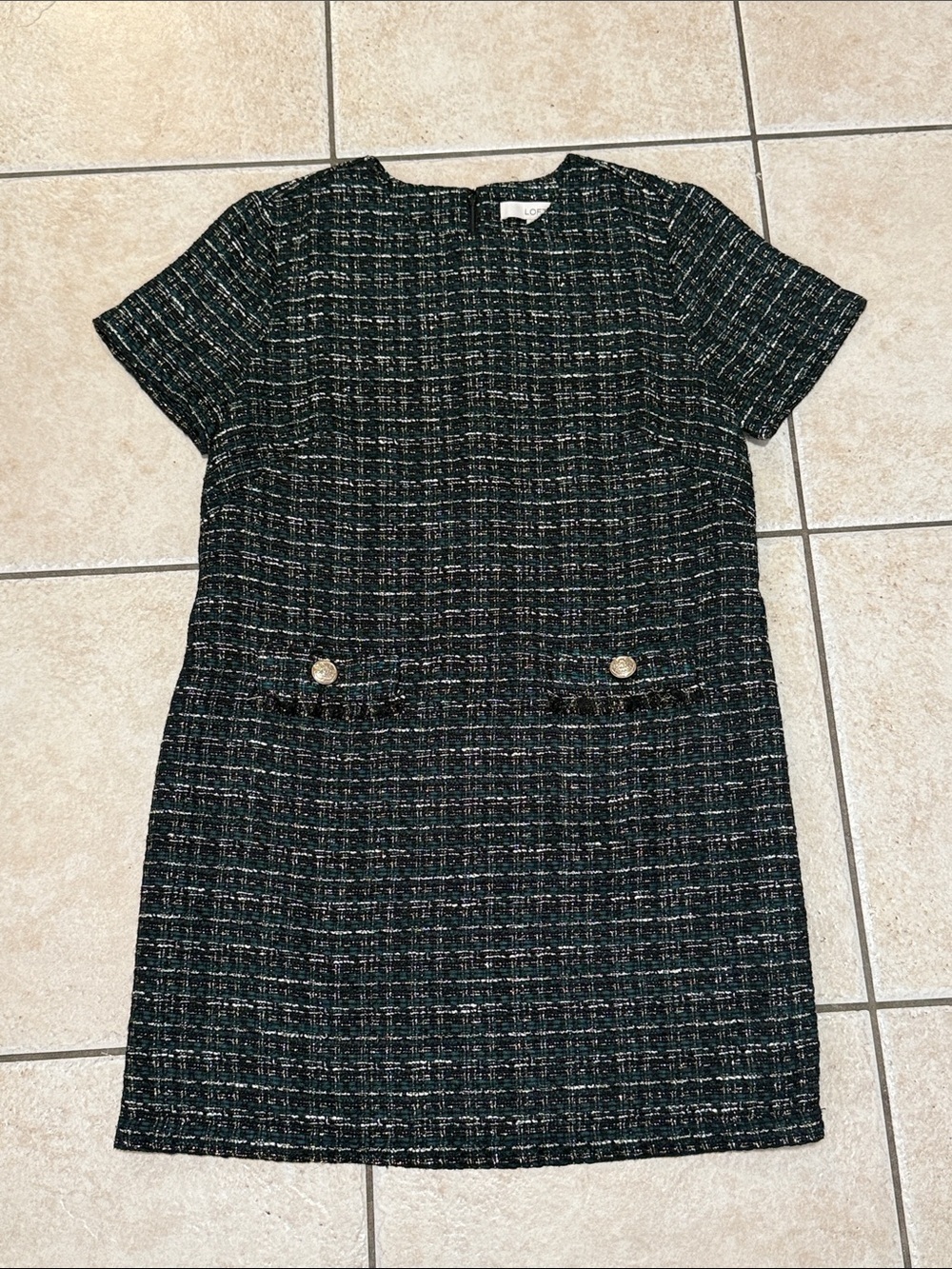NWT LOFT Black Tweed Short-Sleeve Shift Dress with gold Buttons Sz 10